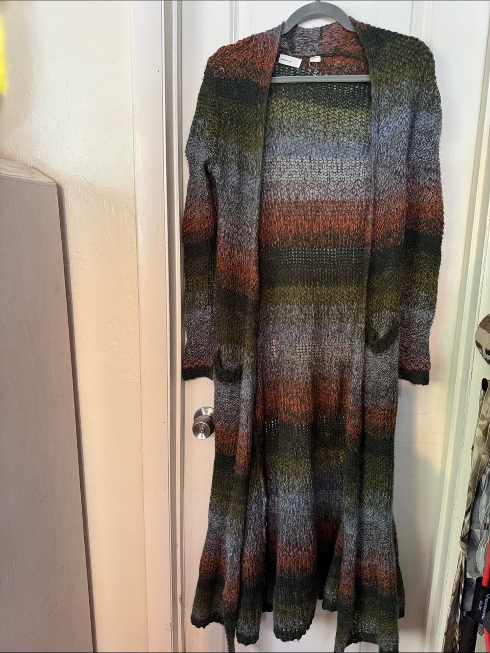 Sleeping on Snow woman’s Open-Front Long Knit Cardigan in Olive, Rust & Gray